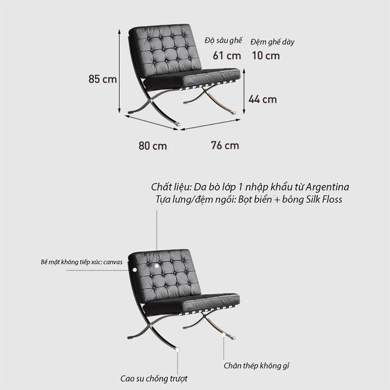 Sofa đơn Barcelona thư giãn bọc da thật EH155