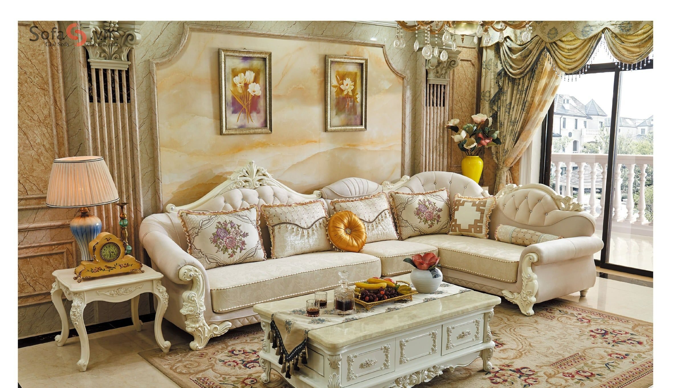 Sofa tân cổ điển kết hợp với bàn trà