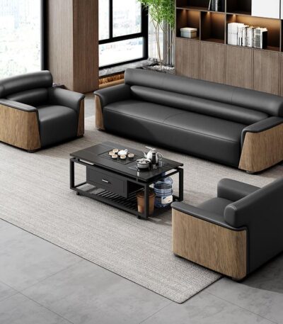 Sofa văng da ốp gỗ trang trí văn phòng SKM158