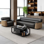 Sofa văng da ốp gỗ trang trí văn phòng SKM158