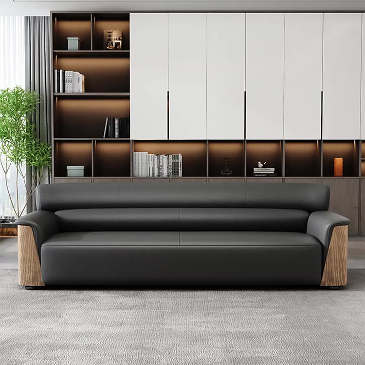 Sofa văng da ốp gỗ trang trí văn phòng SKM158