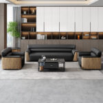 Sofa văng da ốp gỗ trang trí văn phòng SKM158