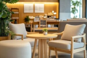 Bàn ghế sofa cafe bằng gỗ có đệm ngồi